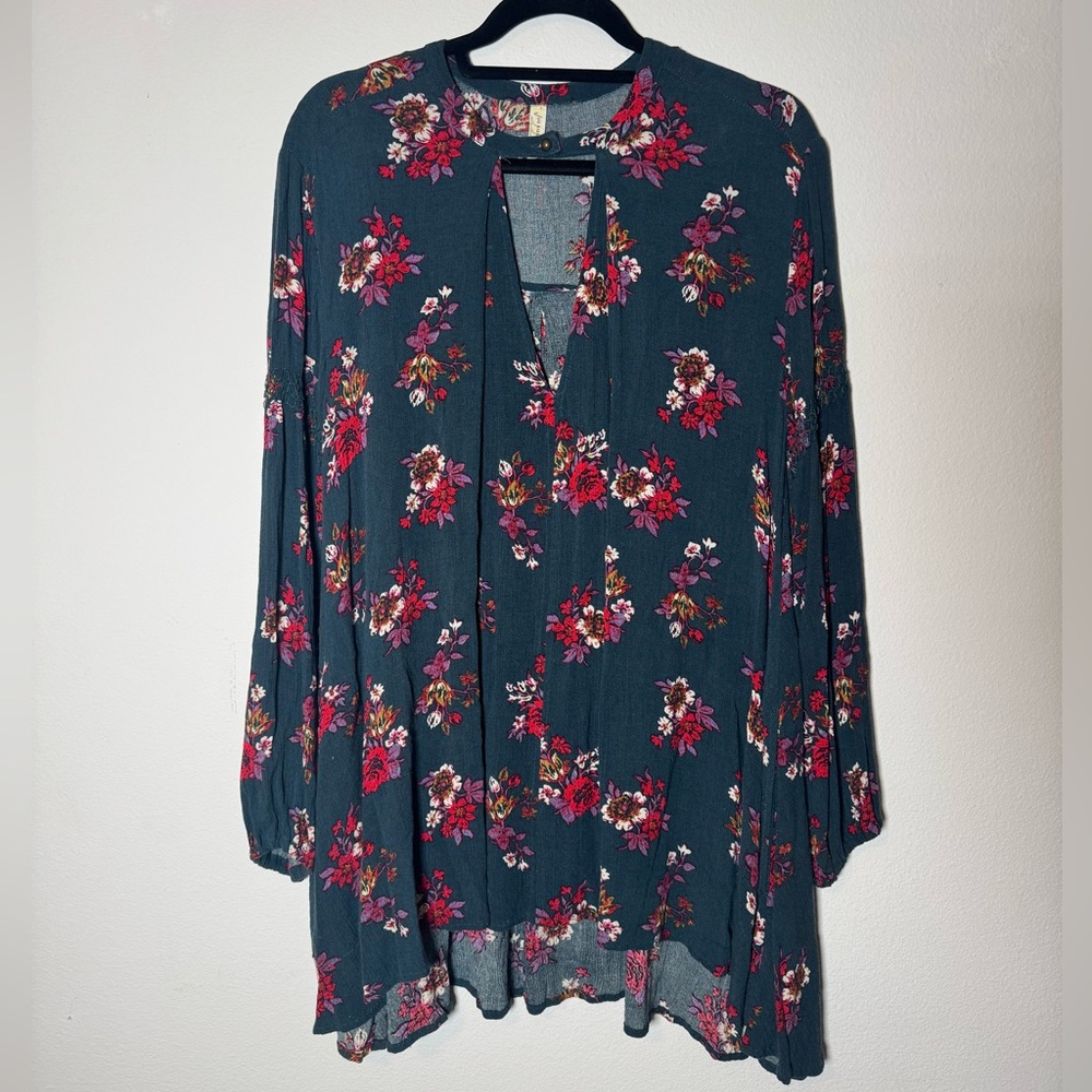 Free People Floral Long Sleeve Tunic Top – Boho‎ Relaxed Fit – Size S/P Green